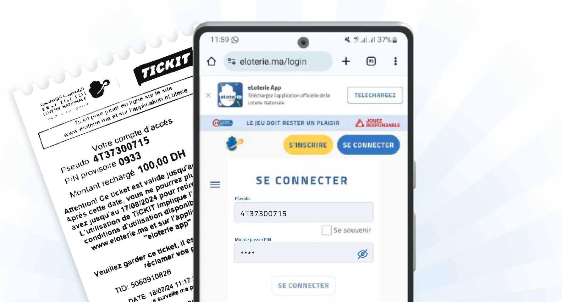 Ticket TICKIT eloterie.ma affichant un pseudo, un code PIN et un solde rechargé de 100 DH pour jouer au Loto Maroc en ligne sans créer de compte
